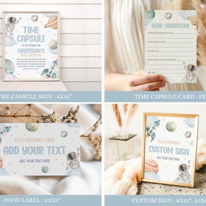 May include: Printable set of 8x10 inch and 5x7 inch signs and cards with a space theme. The signs feature a rocket, planets, stars, and an astronaut. The text on the signs says "Time Capsule" and "Add Your Text".