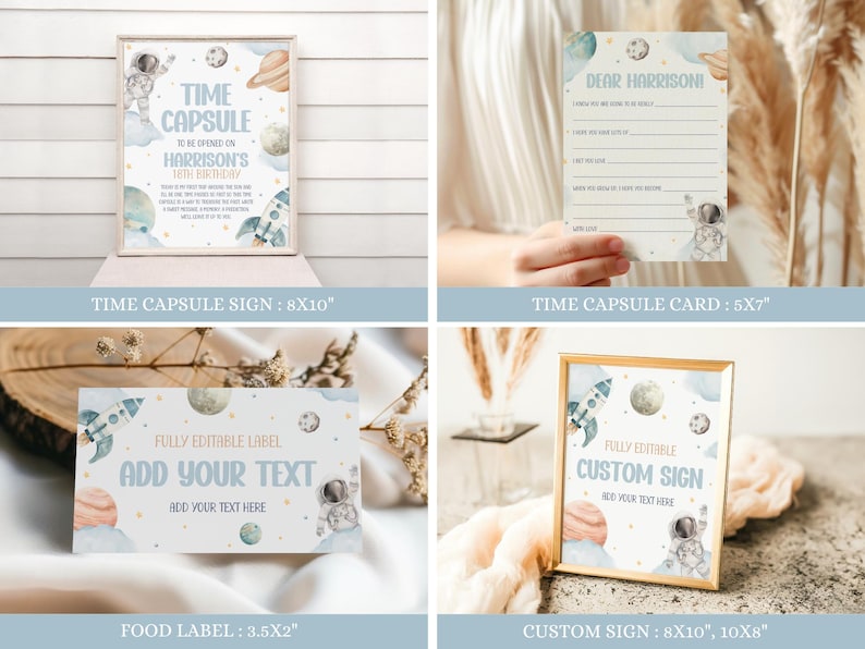 May include: Printable set of 8x10 inch and 5x7 inch signs and cards with a space theme. The signs feature a rocket, planets, stars, and an astronaut. The text on the signs says "Time Capsule" and "Add Your Text".