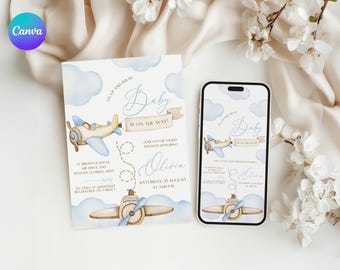 Airplane Baby Shower Invitation Template, Editable Plane Baby Shower Electronic Invitation, Printable Flying Baby Shower Invitation AR2