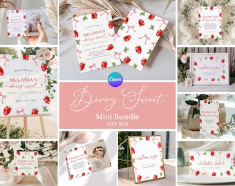 Printable Strawberry 1st Birthday Bundle, Berry First Birthday Invite Bundle, Editable Berry 1st Birthday Package, Coquette Bday Decor SR1