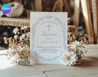 Invitación de bautizo en toile azul – Invitación de bautizo de niño en toile francés (Canva editable)