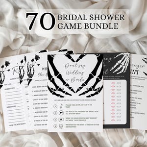 May include: A bridal shower game bundle with a spooky theme. The bundle includes several cards with black skeleton hand illustrations and the text "70 Bridal Shower Game Bundle". The cards are printed in black and white.