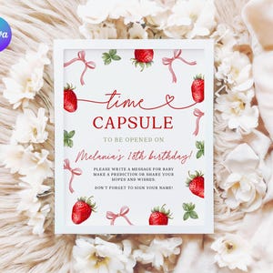 Capsule temporelle imprimable pour le premier anniversaire des petits fruits, signe capsule temporelle fraise 1er anniversaire, décoration de fête pour le premier anniversaire des petits fruits modifiable SR1