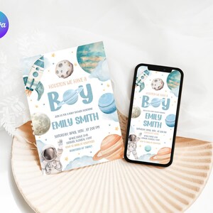 May include: A baby shower invitation with a space theme. The invitation reads "Houston We Have a Boy" with details including the name "Emily Smith" and event information. A smartphone displays the same design.
