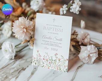 Pink Floral Baptism Invitation, Wildflower Baptism Invitation, Spring Floral Baptism Invite Template, Printable Blush Baptism Invitation