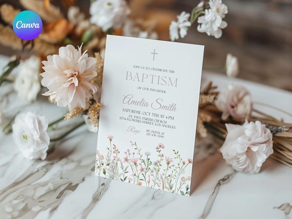 Pink Floral Baptism Invitation, Wildflower Baptism Invitation, Spring Floral Baptism Invite Template, Printable Blush Baptism Invitation