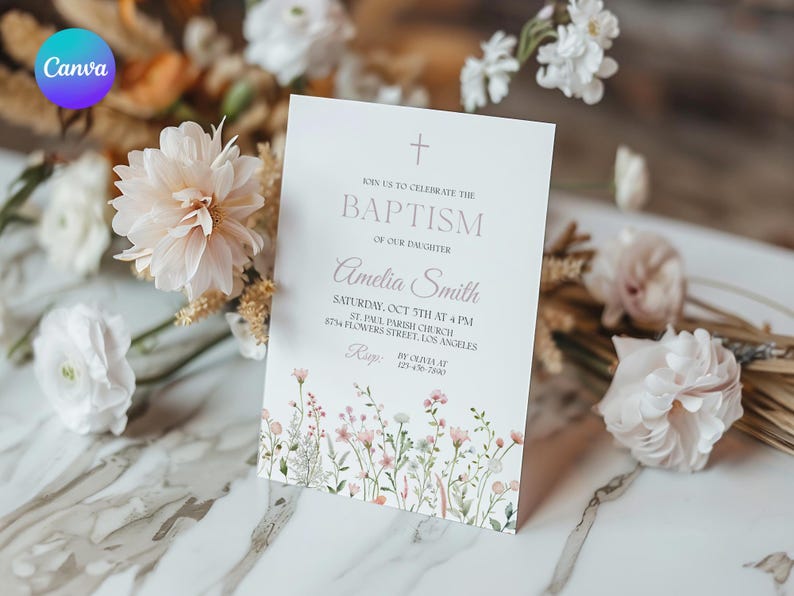 Puede incluir: Una invitaci&oacute;n de bautismo blanca con un borde floral. La invitaci&oacute;n dice "&Uacute;nase a nosotros para celebrar el bautismo de nuestra hija Amelia Smith, s&aacute;bado 5 de octubre a las 4 PM, Iglesia parroquial de San Pablo, 87th Flowers Street, Los &Aacute;ngeles. RSVP por Olivia al 123-470-7800."