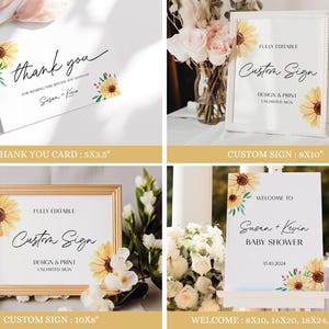 Może przedstawiać: Drukowana tablica na baby shower z motywem słonecznika. Tablica zawiera napis "Witamy na baby shower Susan + Kevin 15.10.2024". Tablica jest dostępna w rozmiarach 20x25 cm, 40x50 cm, 45x60 cm i 60x90 cm.