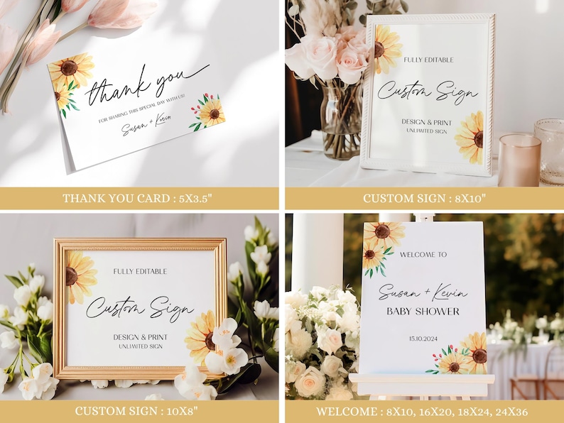 Może przedstawiać: Drukowana tablica na baby shower z motywem słonecznika. Tablica zawiera napis "Witamy na baby shower Susan + Kevin 15.10.2024". Tablica jest dostępna w rozmiarach 20x25 cm, 40x50 cm, 45x60 cm i 60x90 cm.