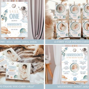 May include: A set of printable baby shower decorations with a space theme. The welcome sign features a rocket, planets, stars, and an astronaut. The photo cards feature a baby in a space suit. The milestone poster features a rocket, planets, stars, and an astronaut. The thank you card features a rocket, planets, stars, and an astronaut. The text on the welcome sign reads "5.4.3.2. One Welcome to Harrison's 1st Trip Around the Sun". The text on the milestone poster reads "Harrison's 1st Trip Around the Sun".