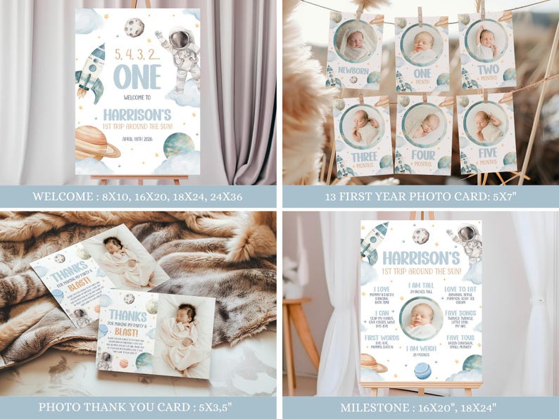 May include: A set of printable baby shower decorations with a space theme. The welcome sign features a rocket, planets, stars, and an astronaut. The photo cards feature a baby in a space suit. The milestone poster features a rocket, planets, stars, and an astronaut. The thank you card features a rocket, planets, stars, and an astronaut. The text on the welcome sign reads "5.4.3.2. One Welcome to Harrison's 1st Trip Around the Sun". The text on the milestone poster reads "Harrison's 1st Trip Around the Sun".