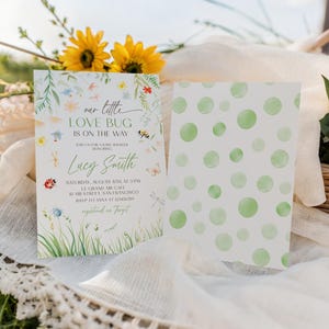 Set di inviti per baby shower "Little Bug on the Way", invito telefonico per baby shower a tema insetto floreale, invito per baby shower a tema insetto, simpatico biglietto di ringraziamento per baby shower a tema insetto GB2