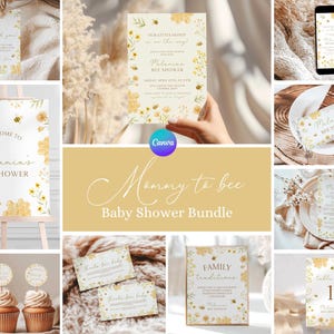Könnte beinhalten: Ein Set druckbarer Babyparty-Dekorationen mit Bienen-Motiv. Die Dekorationen beinhalten ein Willkommens-Schild, Einladungen, Tischnummern und ein Schild für Familientraditionen. Die Dekorationen sind in Gelb, Weiß und Gold.