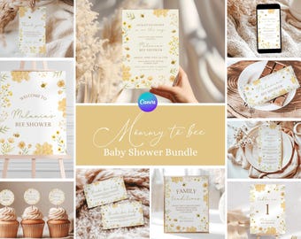 Zestaw na baby shower „Mama i pszczoła”, zestaw zaproszeń na baby shower „Pszczoła miodna”, pakiet na baby shower „Kwiatowe pszczoły”, gry na baby shower „Dzikie pszczoły” ZU2