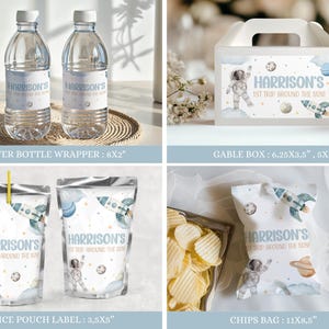 May include: A set of party favor labels featuring a blue and white astronaut theme with the text "Harrison's 1st Trip Around the Sun". The set includes labels for water bottles, juice pouches, chip bags, and gable boxes.