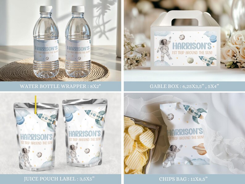 May include: A set of party favor labels featuring a blue and white astronaut theme with the text "Harrison's 1st Trip Around the Sun". The set includes labels for water bottles, juice pouches, chip bags, and gable boxes.