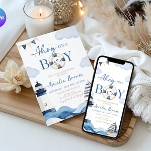 Ahoy It’s a Boy Baby Shower Invitation, Sailor Baby Shower Invite Template, Nautical Baby Shower Invitation, Blue Sea Baby Party Evite NC2