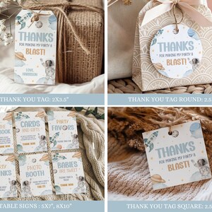 May include: Set of printable party signs and thank you tags with a space theme. The signs feature an astronaut and planets in blue, white, and gold colors. The text on the signs includes "Sign the Guestbook", "Cards and Gifts", "Party Favors", "Party Drinks", "Photo Booth", and "Babies are Sweet". The thank you tags say "Thanks for making my party a blast!" in a circle, square, and rectangular shape.