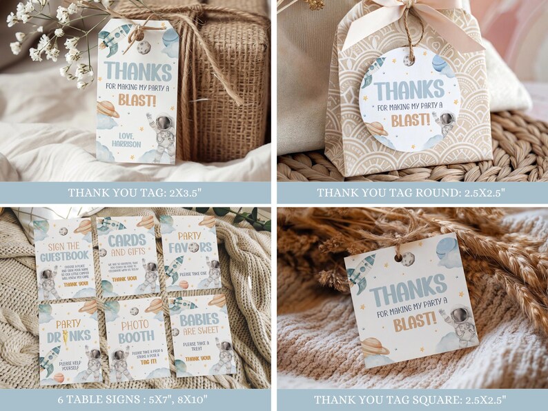 May include: Set of printable party signs and thank you tags with a space theme. The signs feature an astronaut and planets in blue, white, and gold colors. The text on the signs includes "Sign the Guestbook", "Cards and Gifts", "Party Favors", "Party Drinks", "Photo Booth", and "Babies are Sweet". The thank you tags say "Thanks for making my party a blast!" in a circle, square, and rectangular shape.