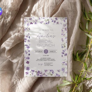 Invitación de despedida de soltera en tonos lilas, invitación de brunch nupcial con flores moradas, tarjeta con receta romántica para despedida de soltera, tarjeta de invitación de brunch nupcial con flores