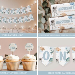 May include: A set of printable party decorations for a first birthday with an outer space theme. The set includes a wall banner, a high chair banner, cupcake toppers, and chocolate bar wrappers. The decorations feature a blue and white color scheme with illustrations of planets, stars, rockets, and astronauts.