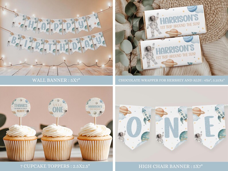 May include: A set of printable party decorations for a first birthday with an outer space theme. The set includes a wall banner, a high chair banner, cupcake toppers, and chocolate bar wrappers. The decorations feature a blue and white color scheme with illustrations of planets, stars, rockets, and astronauts.