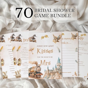 May include: A collection of bridal shower game cards with a fantasy theme. The cards feature illustrations of owls, keys, and a train, with text that reads "70 Bridal Shower Game Bundle". The cards are arranged on a white fabric background.