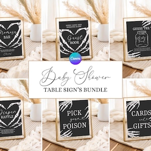 Little Boo Baby Shower Table Sign Bundle, Gothic Baby Shower Table Signs, Skeleton Baby Shower Sign Bundle, Skull Baby Shower Signs Pack KE1