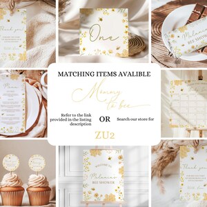 Op de afbeelding: Een set printbare babyborreldecoraties met een bijen-thema. De decoraties omvatten een welkomstbord, een menu, een bedankkaartje, een nummer &eacute;&eacute;n bord, een kalender en een chocoladeverpakking. De decoraties zijn geel en wit met een bloemenpatroon en bijenaccenten. De tekst op de decoraties omvat "Melanin's Bee Shower", "Welkom bij Melanin's Bee Shower", "Bedankt", "Menu", "E&eacute;n", "Keep the Arrival of Baby Smith" en "Melanin's Bee Shower".