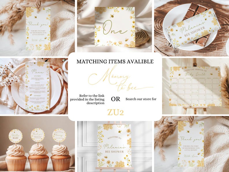 Op de afbeelding: Een set printbare babyborreldecoraties met een bijen-thema. De decoraties omvatten een welkomstbord, een menu, een bedankkaartje, een nummer &eacute;&eacute;n bord, een kalender en een chocoladeverpakking. De decoraties zijn geel en wit met een bloemenpatroon en bijenaccenten. De tekst op de decoraties omvat "Melanin's Bee Shower", "Welkom bij Melanin's Bee Shower", "Bedankt", "Menu", "E&eacute;n", "Keep the Arrival of Baby Smith" en "Melanin's Bee Shower".
