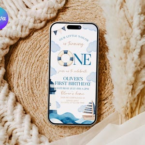 Editable Little Sailor 1st Birthday Evite, Nautical 1st Birthday Paperless Invitation, Sailing First Birthday Party Smartphone Evite NC1