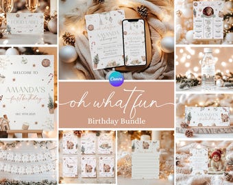 May include: A selection of birthday party stationery with a winter theme. Includes invitations, food labels, a welcome sign, and a banner. The design features a gingerbread house, fir trees, and the text "oh what fun".