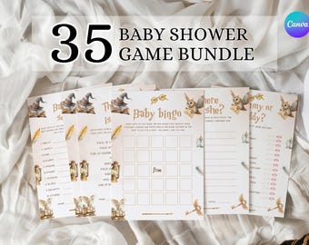 Puede incluir: Un conjunto de juegos para baby shower con un tema de fantasía. El diseño incluye ilustraciones de búhos, libros y plumas. El texto "35 BABY SHOWER GAME BUNDLE" se muestra en la parte superior. Los juegos incluyen bingo y otras actividades.