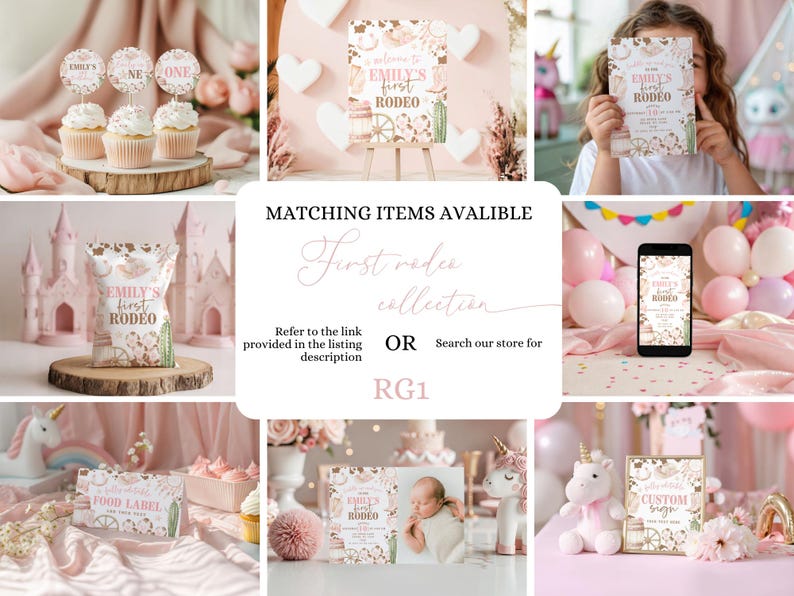 以下が含まれることがあります： 「First Rodeo」をテーマにしたパーティーデコレーションのコレクション。カップケーキ、招待状、看板、デザインを表示する電話が含まれています。ソフトピンクと白を基調とし、花柄とサボテンのアクセントが施されています。「Emily's First Rodeo」の文字がいくつか表示されています。