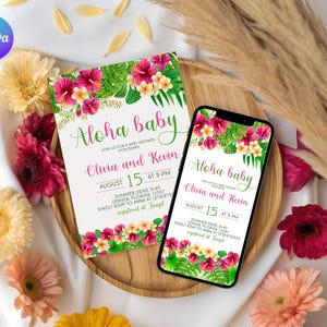 Editable Aloha Baby Shower Invite, Luau Baby Shower Smartphone Invitation, Tropical Baby Shower Evite, Hawaiian Baby Shower Invitation TL2