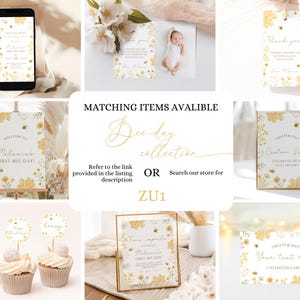 May include: A set of printable party decorations with a bee theme. The decorations include a welcome sign, cupcake toppers, favor tags, and a sign that says "Create & Edit Custom Signs". The decorations are in yellow, white, and gold.