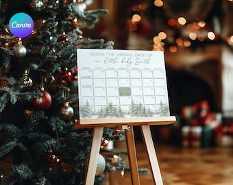 May include: A white calendar with the text "Guess the arrival date of our little baby Smith" displayed on a wooden easel. The calendar has a forest design at the bottom and is set against a Christmas tree background.