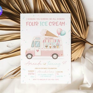 Modèle d'Invitation d'anniversaire Je te crie, carte d'invitation 1er anniversaire de camion de crème glacée rose, Invitation de premier anniversaire de camionnette rétro douce