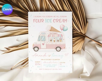 I Scream You Scream Birthday Invitation Template, Pink Ice Cream Truck 1st Birthday Invite Card, Retro Sweet Van First Birthday Invitation