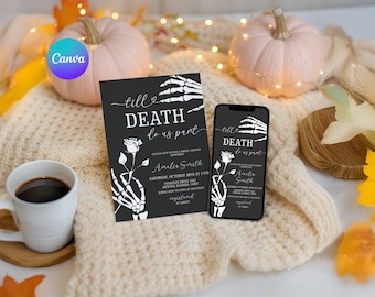 May include: A black invitation and a smartphone display a wedding invitation design with the text "Till Death Do Us Part". The design includes a skeleton hand holding a rose. Two pink pumpkins and a cup of coffee are also in the image.