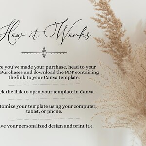 May include: How it Works: A white background with text explaining how to use a Canva template. The text includes instructions on how to purchase, download, open, customize, and save the template. A dried pampas grass plant is in the background.
