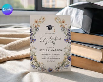 Wildflower College Graduate Invitation, College Graduation Party Card, Spring Floral Grad Invite, Printable Rustic Grad Party Invitation