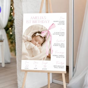 Pink Coquette Birthday Milestone Board, Printable Bow First Birthday Milestone Sign, Editable Pink Ribbon First Birthday Milestone PK1