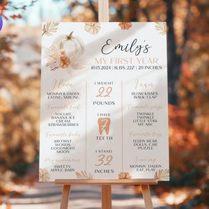 Kürbis-Geburtstags-Dekor, Herbst-erster Geburtstag-Statistiken-Poster, Ein kleiner Kürbis dreht einen Meilenstein, Herbst-Party-Meilenstein AT1
