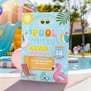Pool 1. Geburtstagseinladung, Splish Splash erste Geburtstagsfeier einladen Karte, Tropische Pool-Geburtstagsfeier einladen, Schwimmen-Bday-Party einladen
