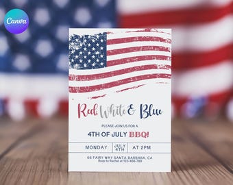 Red White & Blue BBQ Invitation Set, Patriotic Gathering Invitation Card, Summer Picnic Phone Invitation, Fourth of July Party Invitation