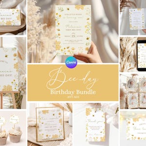 Könnte beinhalten: Ein druckbares Geburtstagsparty-Paket zum Thema Biene in Gelb und Weiß. Das Paket enthält Einladungen, Willkommens-Schilder, Dankeschön-Etiketten, Cupcake-Topper und Fotobooth-Requisiten. Der Text auf den Einladungen lautet "Unser kleiner Honig wird ein Jahr alt!" und "Melanies erster Bienentag!"