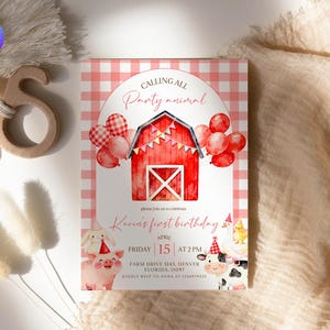 May include: A birthday party invitation with a red barn illustration, balloons, and the text "Calling All Party Animal." The invitation includes details for Kevin's first birthday, with a pig, cow, and bunny illustration.