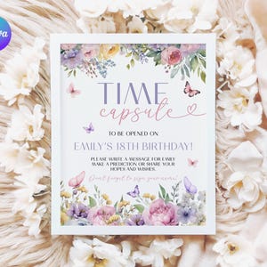 Cápsula do tempo do primeiro aniversário da Little Butterfly, cartão cápsula para festa de aniversário no jardim, atividades florais de aniversário, cápsula do primeiro aniversário de flores silvestres BT1