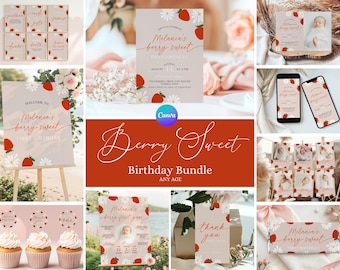 Berry Sweet 1st Birthday Bundle, Floral Strawberry First Birthday Party Package, Berry Birthday Invite, Berry First Birthday Decoration SW1